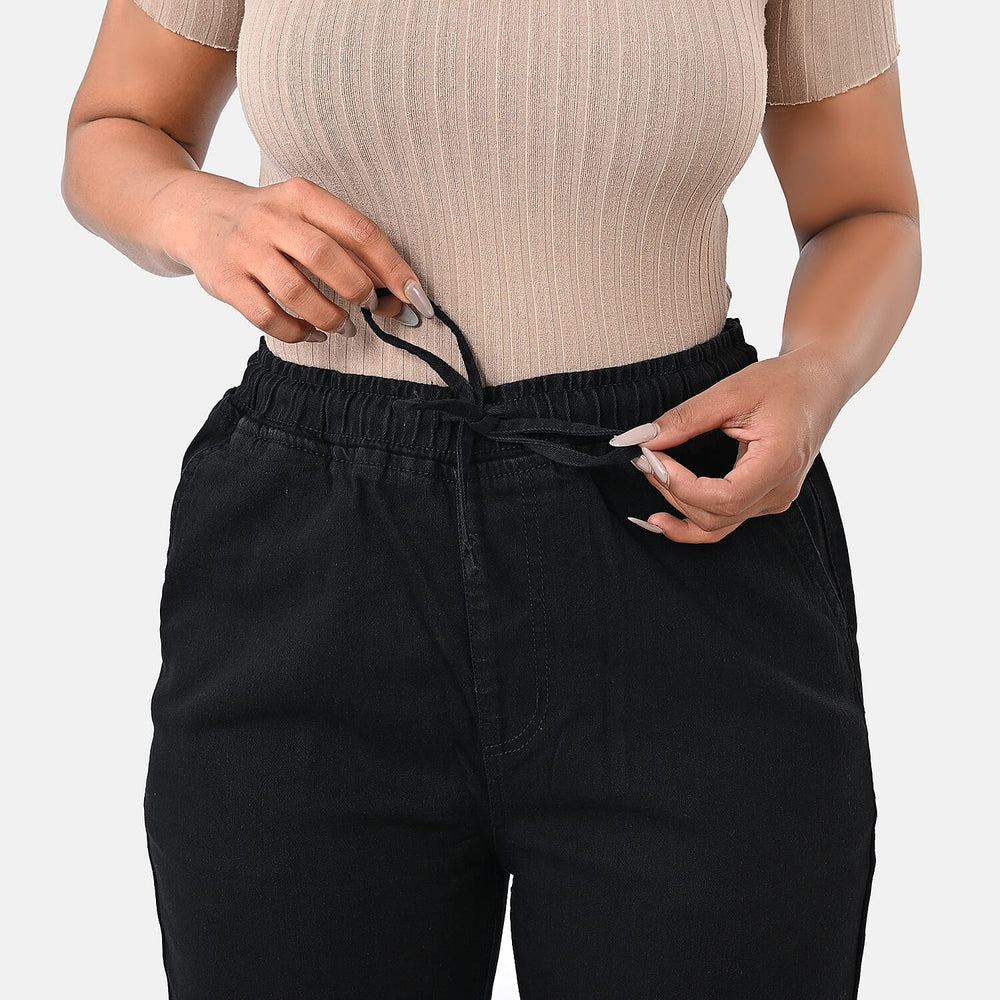 Styledby 100% Cotton Wide-Leg Denim Pants With Drawstring Waist (Size - S) - Black