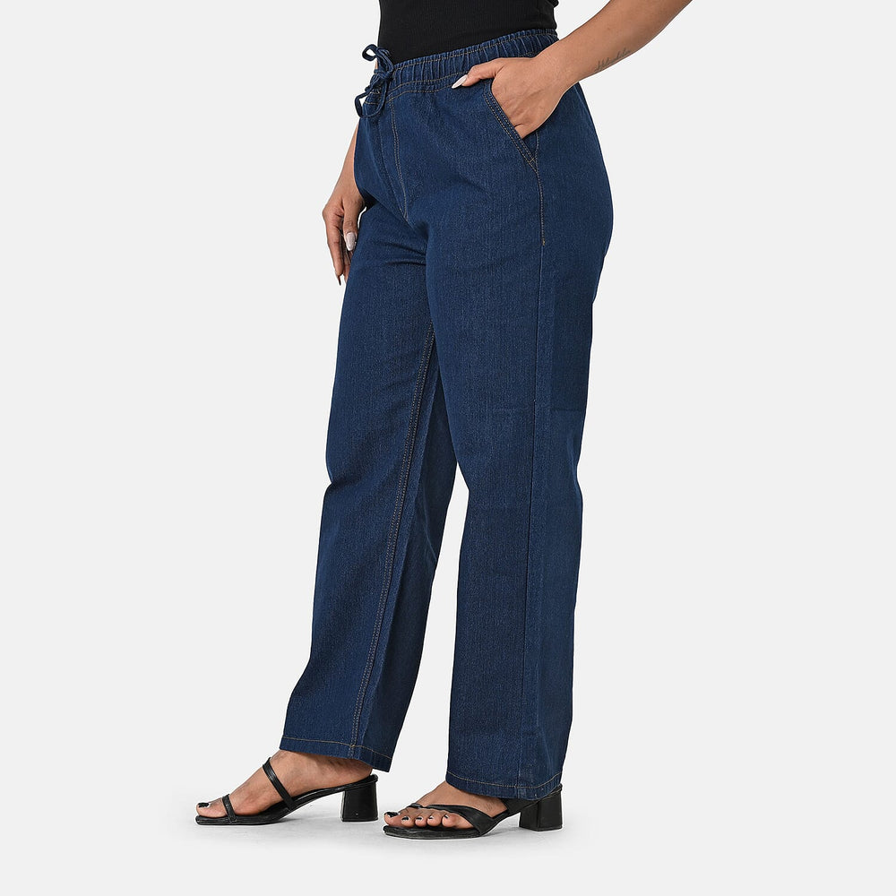 Styledby 100% Cotton Wide-Leg Denim Pants With Drawstring Waist (Size - S) - Dark Blue