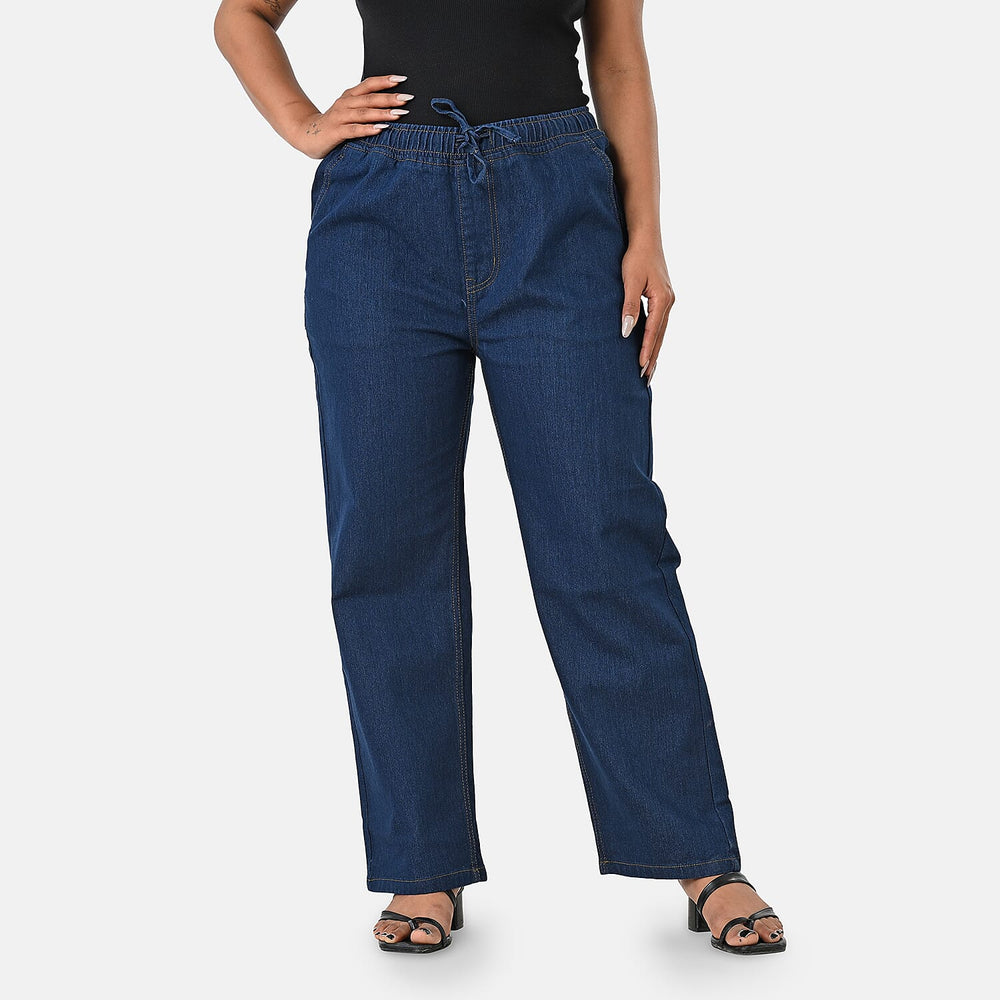 Styledby 100% Cotton Wide-Leg Denim Pants With Drawstring Waist (Size - S) - Dark Blue