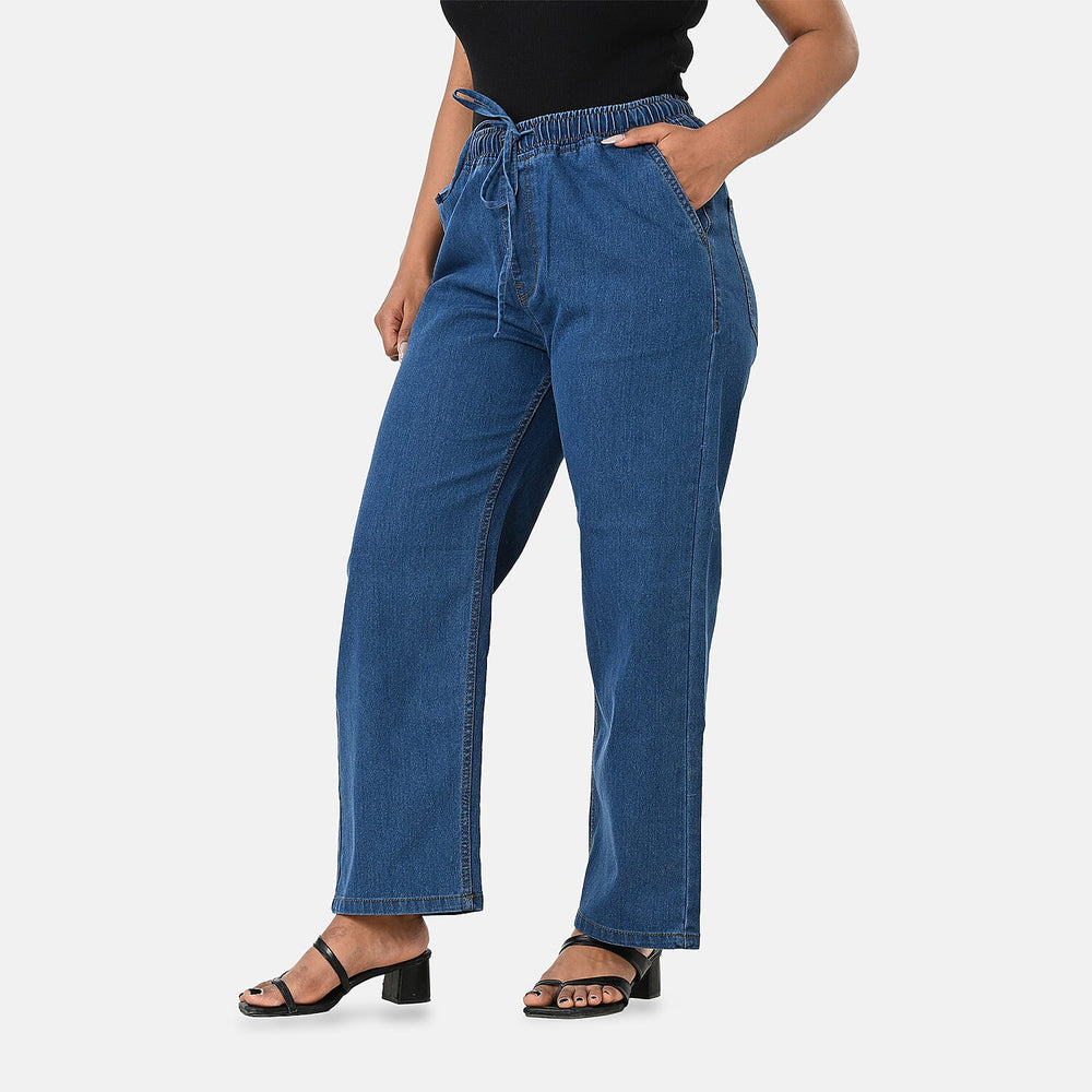Styledby 100% Cotton Wide-Leg Denim Pants With Drawstring Waist  (Size S) - Denim Blue