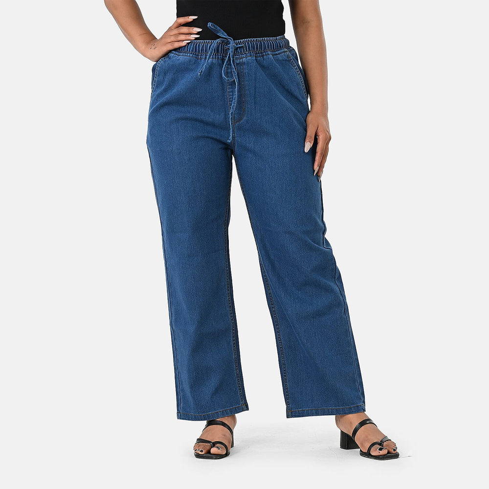 Styledby 100% Cotton Wide-Leg Denim Pants With Drawstring Waist  (Size S) - Denim Blue