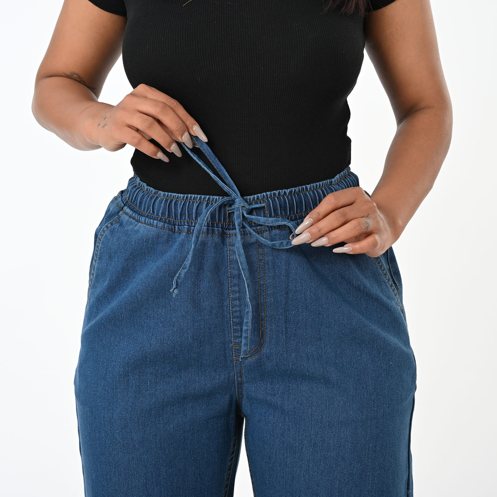 Styledby 100% Cotton Wide-Leg Denim Pants With Drawstring Waist  (Size S) - Denim Blue