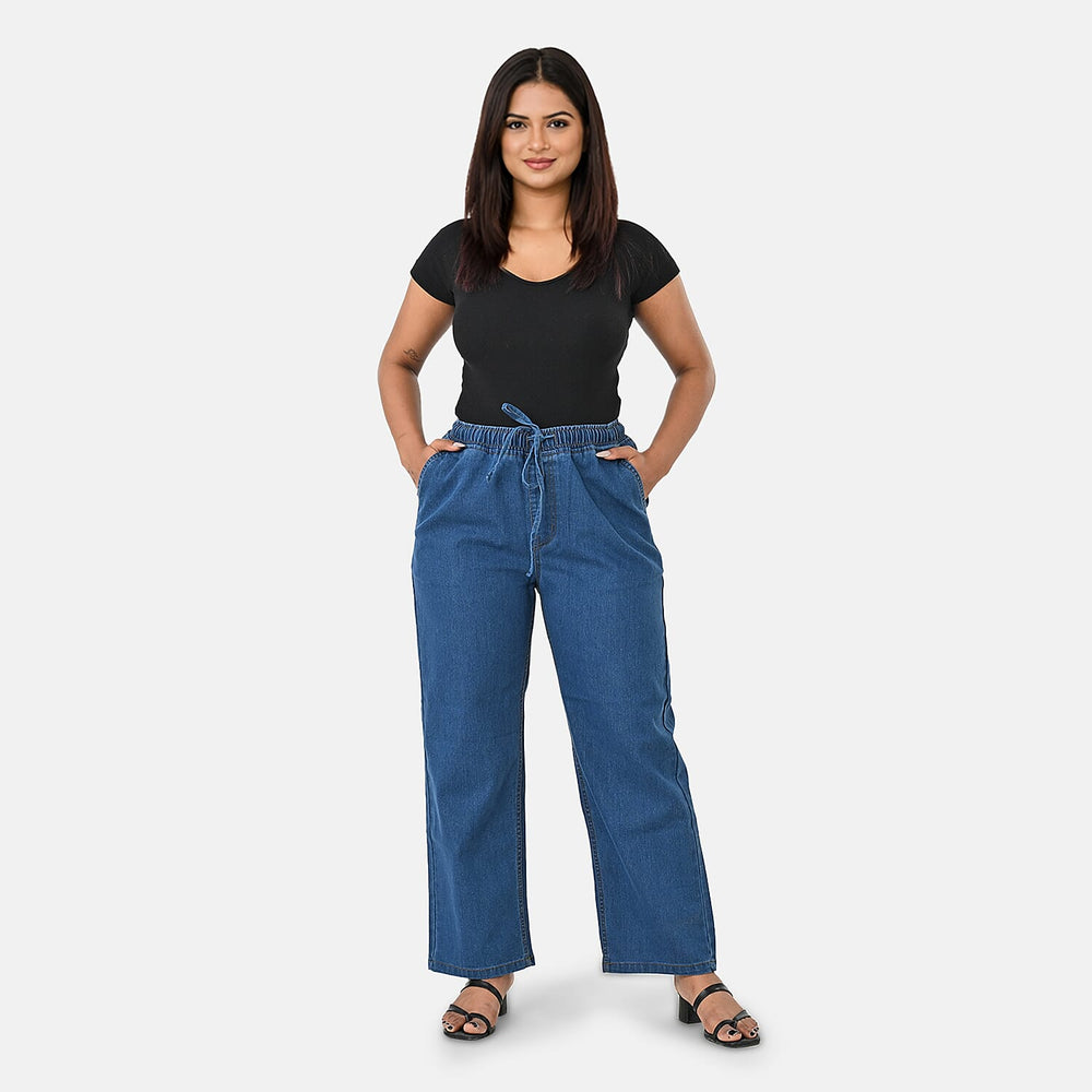 Styledby 100% Cotton Wide-Leg Denim Pants With Drawstring Waist  (Size XL) - Denim Blue