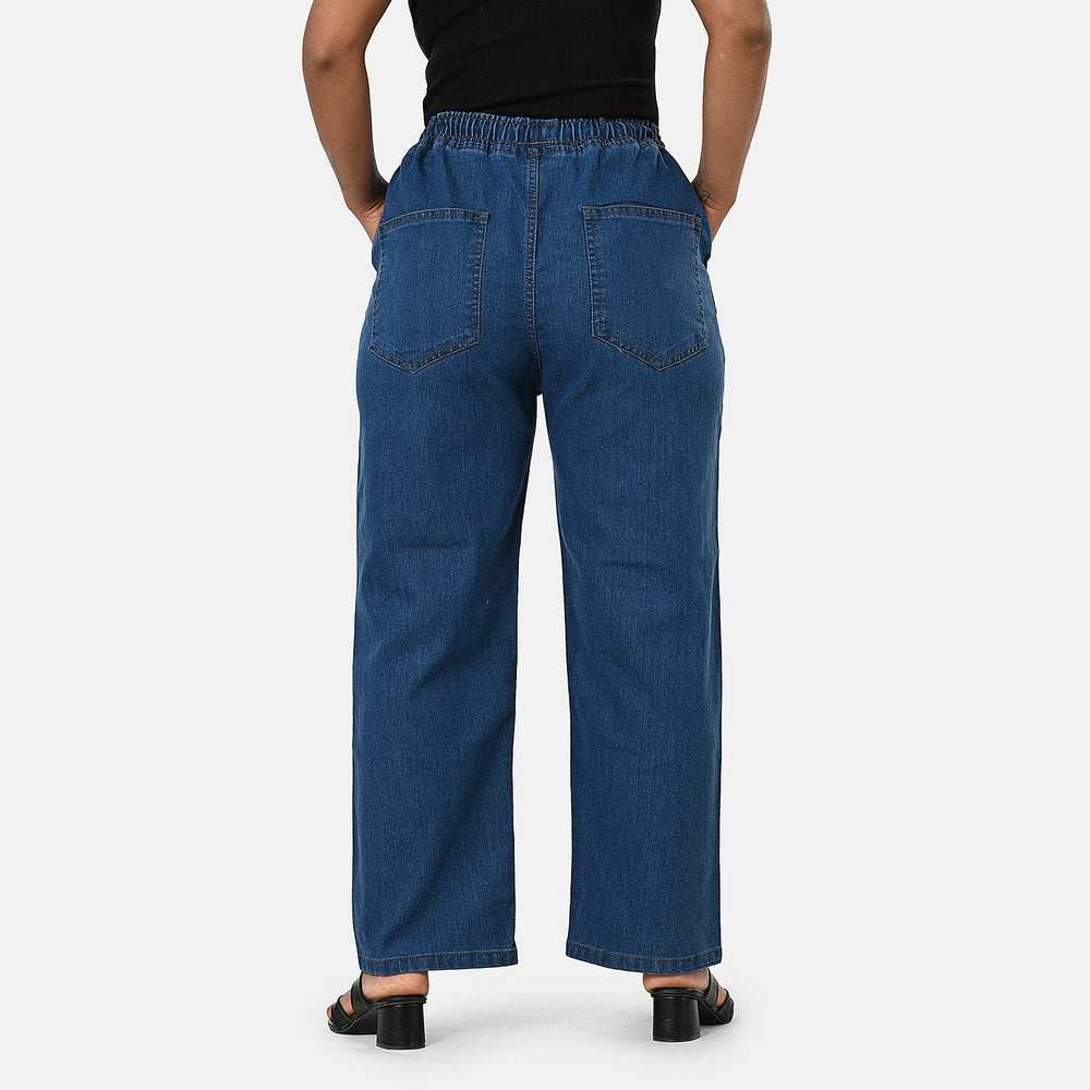 Styledby 100% Cotton Wide-Leg Denim Pants With Drawstring Waist  (Size XL) - Denim Blue
