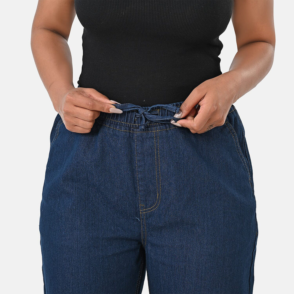 Styledby 100% Cotton Wide-Leg Denim Pants With Drawstring Waist (Size - XXL) - Dark Blue