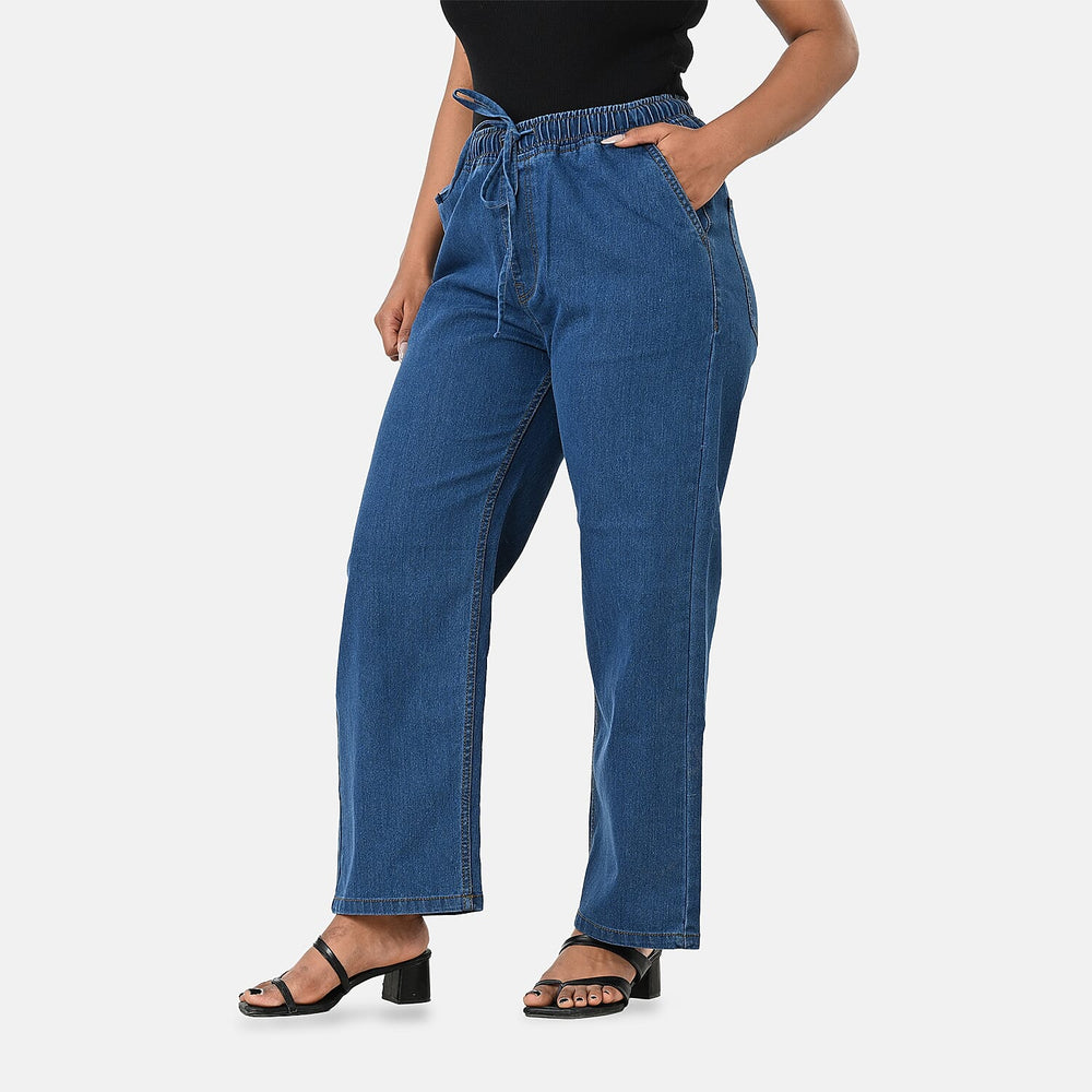 Styledby 100% Cotton Wide-Leg Denim Pants With Drawstring Waist  (Size XXL) - Denim Blue