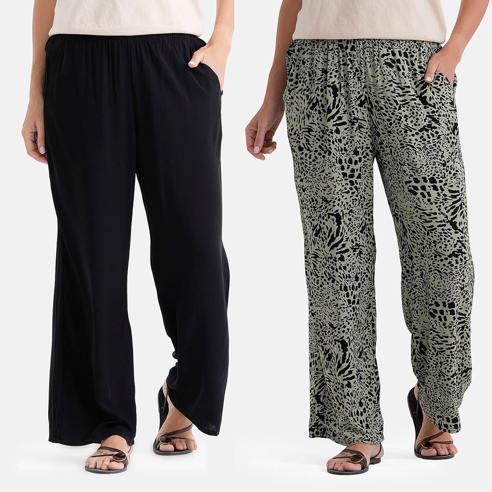 - Maisi Set Of 2 Printed And Solid Color Wide-Leg Trousers (Size L) - Basil Green - Black