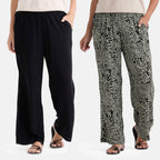 - Maisi Set Of 2 Printed And Solid Color Wide-Leg Trousers (Size L) - Basil Green - Black