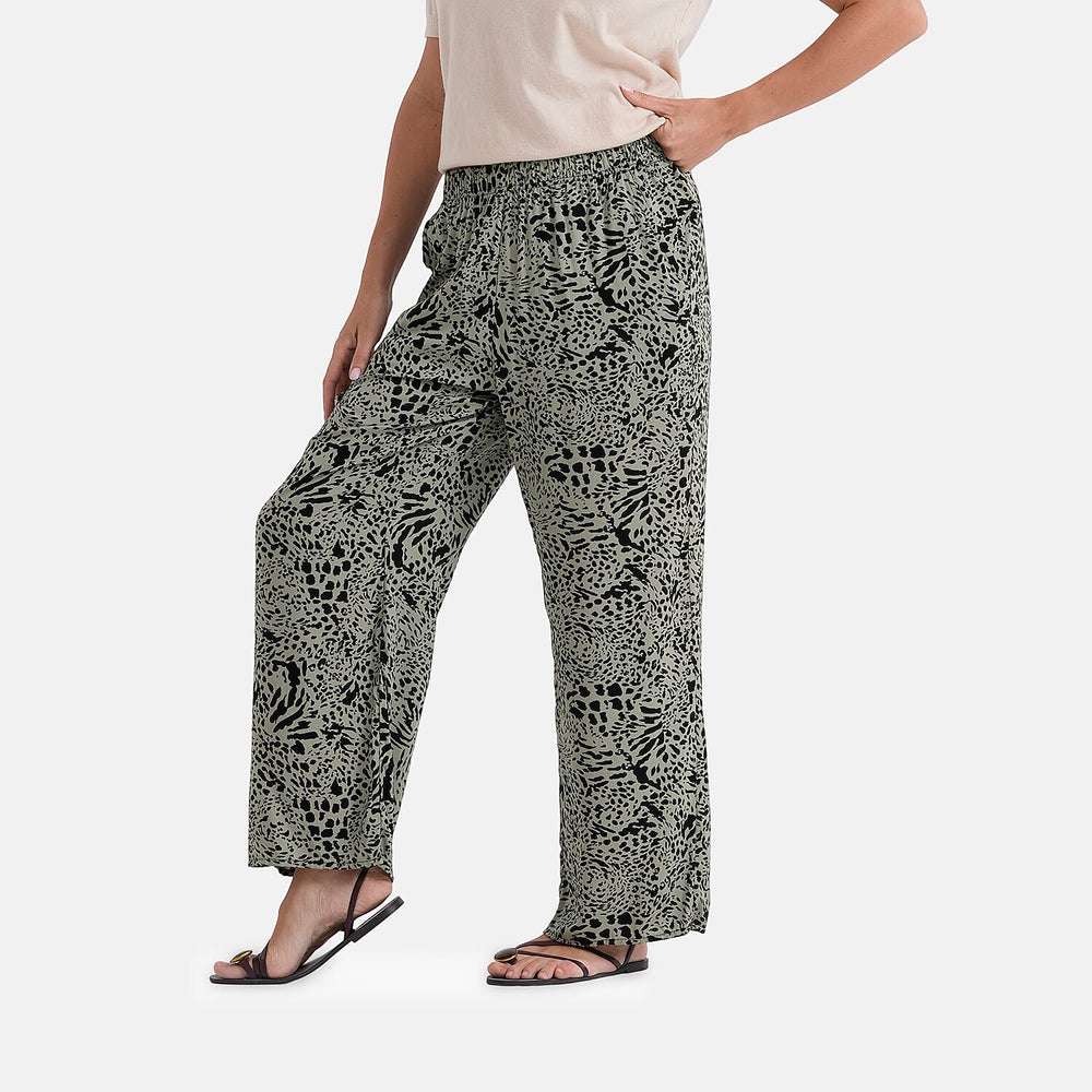 - Maisi Set Of 2 Printed And Solid Color Wide-Leg Trousers (Size L) - Basil Green - Black