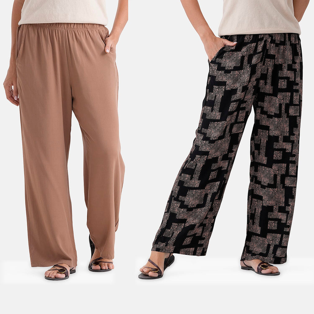 - Maisi Set Of 2 Printed And Solid Color Wide-Leg Trousers (Size M) - Black - Brown