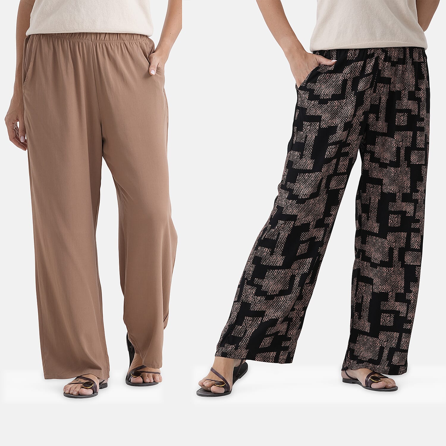- Maisi Set Of 2 Printed And Solid Color Wide-Leg Trousers (Size M) - Black - Brown