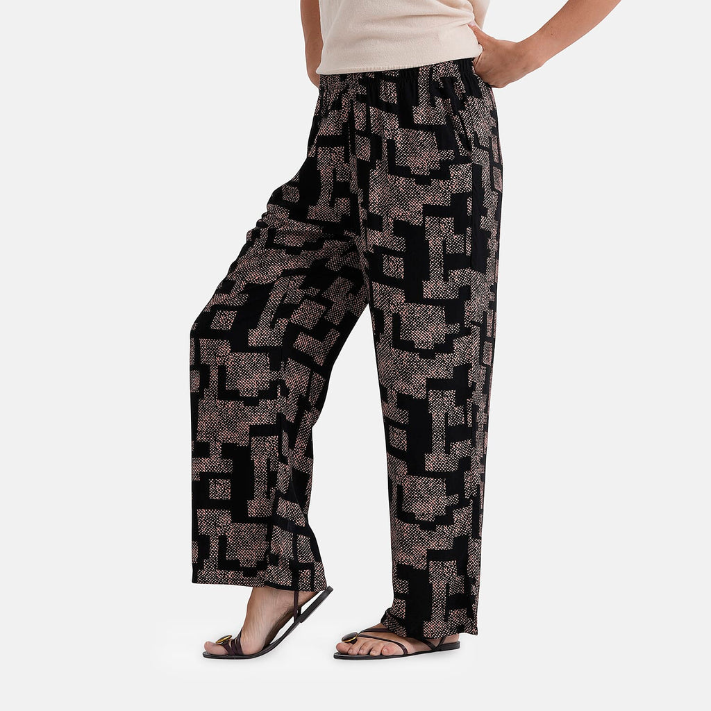 - Maisi Set Of 2 Printed And Solid Color Wide-Leg Trousers (Size M) - Black - Brown