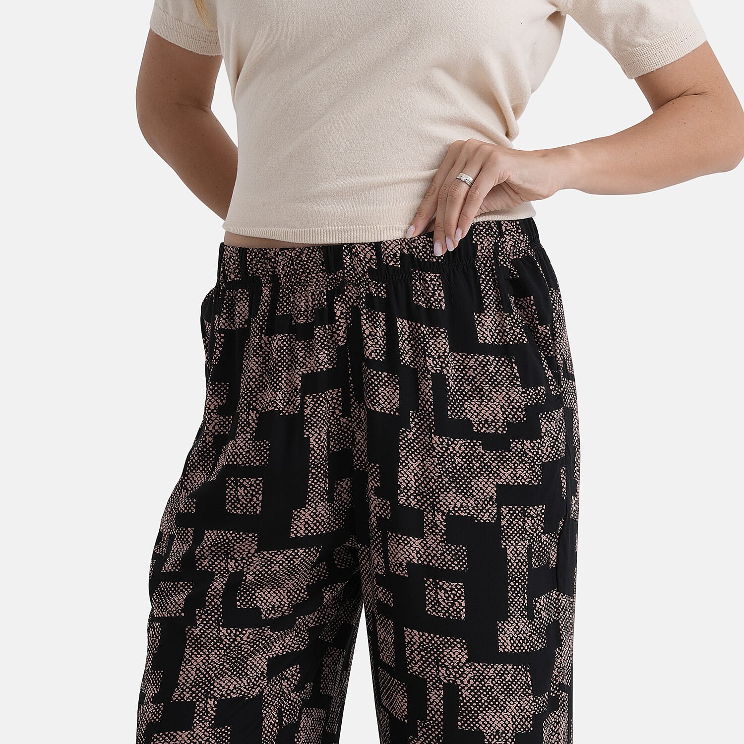 - Maisi Set Of 2 Printed And Solid Color Wide-Leg Trousers (Size M) - Black - Brown