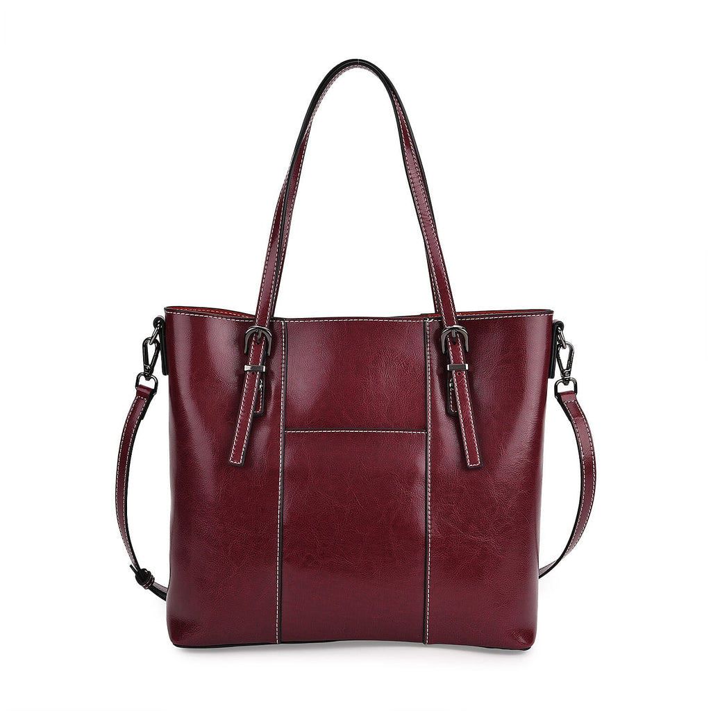 Stylish Genuine Leather Everyday Tote Bag With Adjustable Strap - Wine Red