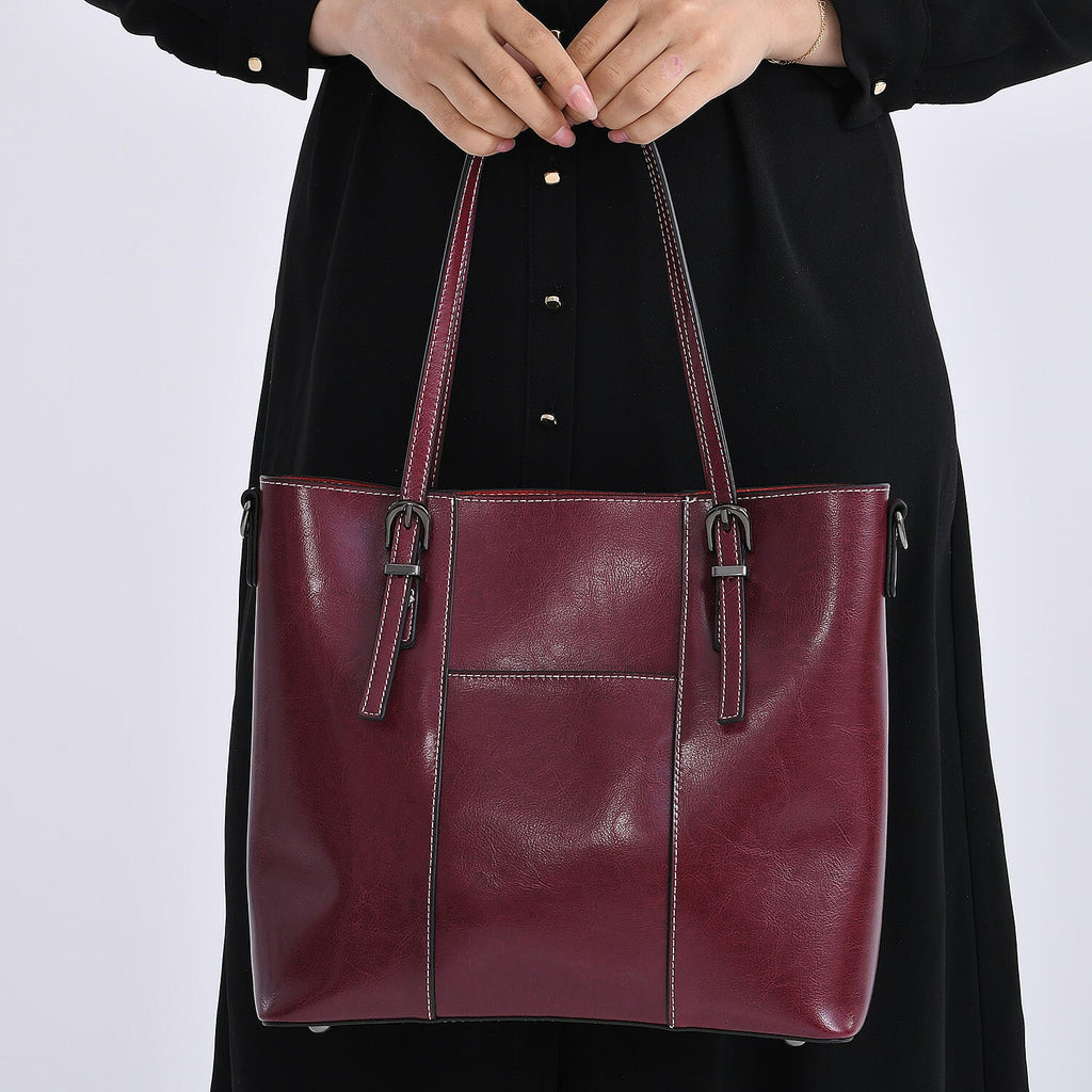 Stylish Genuine Leather Everyday Tote Bag With Adjustable Strap - Wine Red
