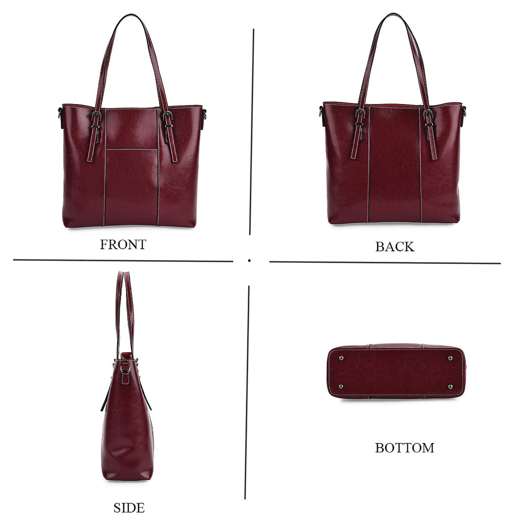 Stylish Genuine Leather Everyday Tote Bag With Adjustable Strap - Wine Red