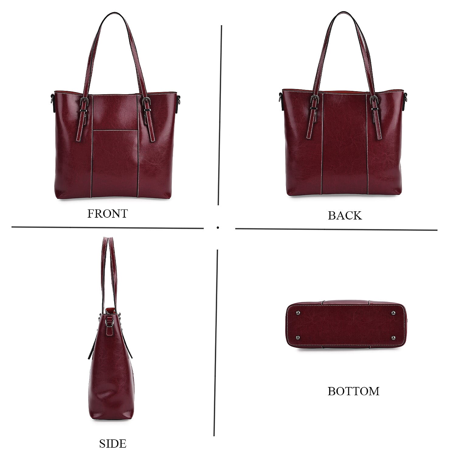 Stylish Genuine Leather Everyday Tote Bag With Adjustable Strap - Wine Red