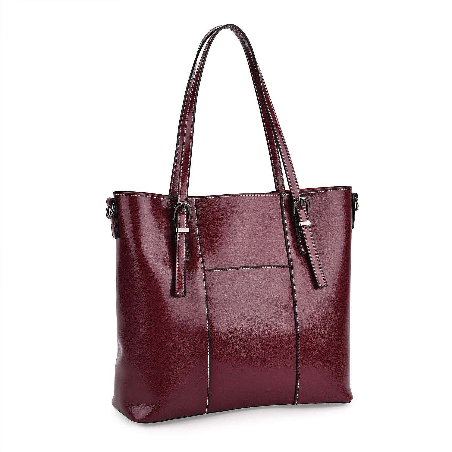 Stylish Genuine Leather Everyday Tote Bag With Adjustable Strap - Wine Red