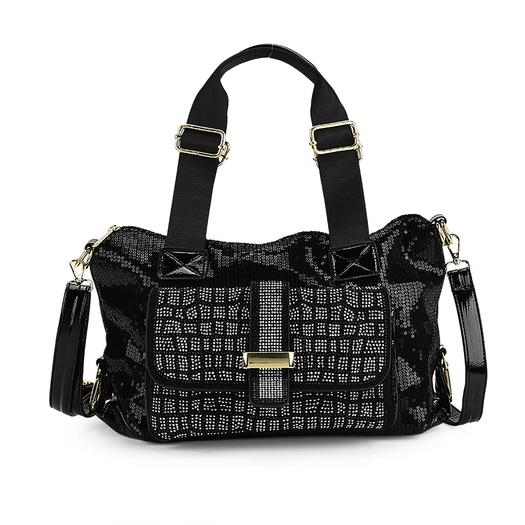 Stylish Sequin Crossbody Bag with Rhinestone Detail - Black