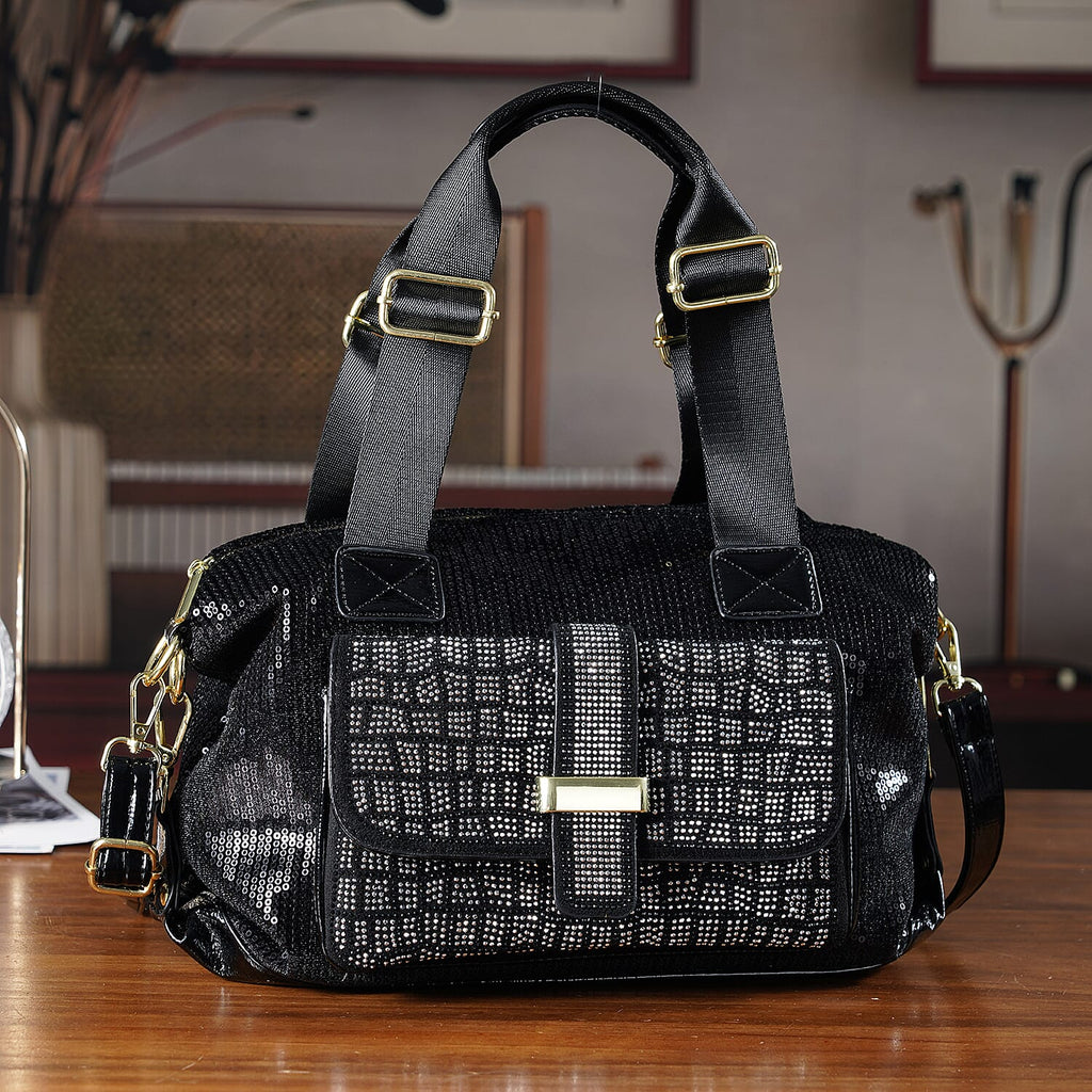 Stylish Sequin Crossbody Bag with Rhinestone Detail - Black