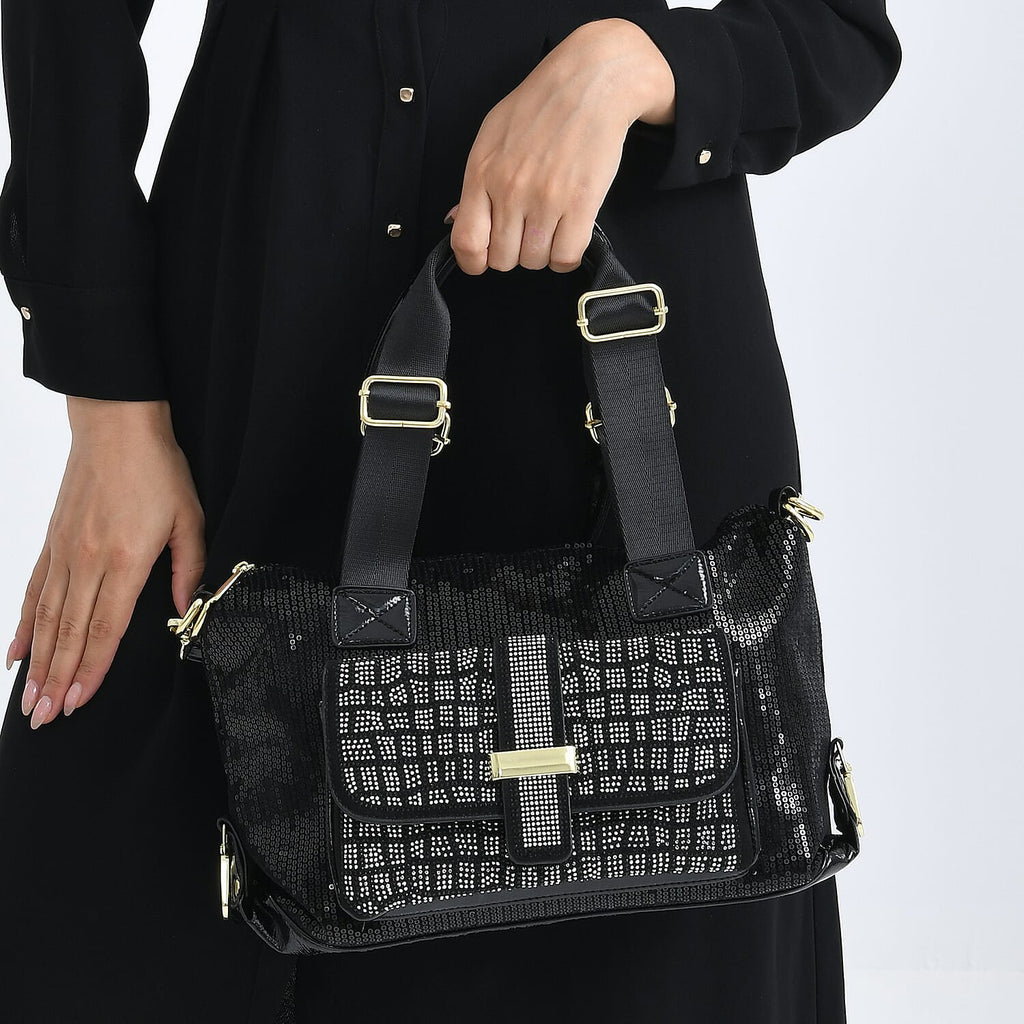 Stylish Sequin Crossbody Bag with Rhinestone Detail - Black