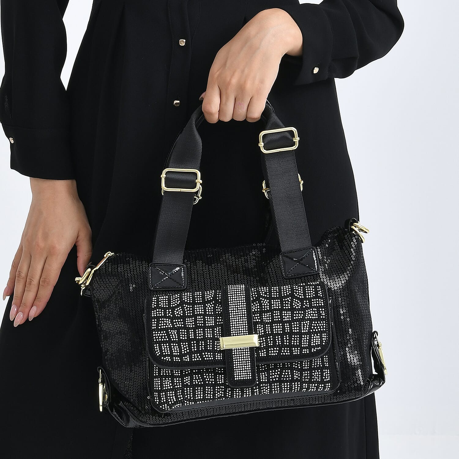 Stylish Sequin Crossbody Bag with Rhinestone Detail - Black