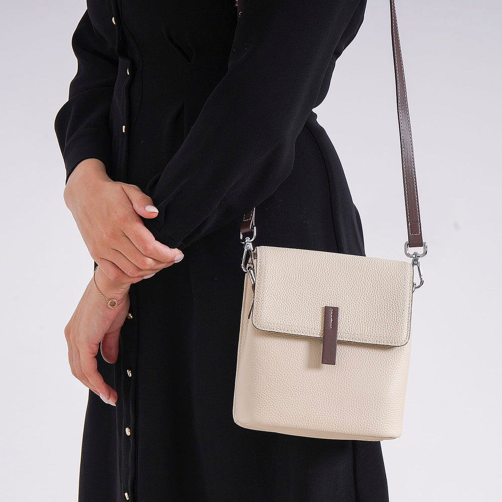 Stylish Two-Tone Genuine Leather Rectangular Flap Crossbody with Brown Adjustable Strap - Cream