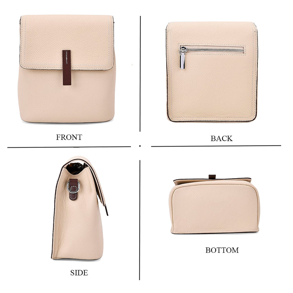 Stylish Two-Tone Genuine Leather Rectangular Flap Crossbody with Brown Adjustable Strap - Cream