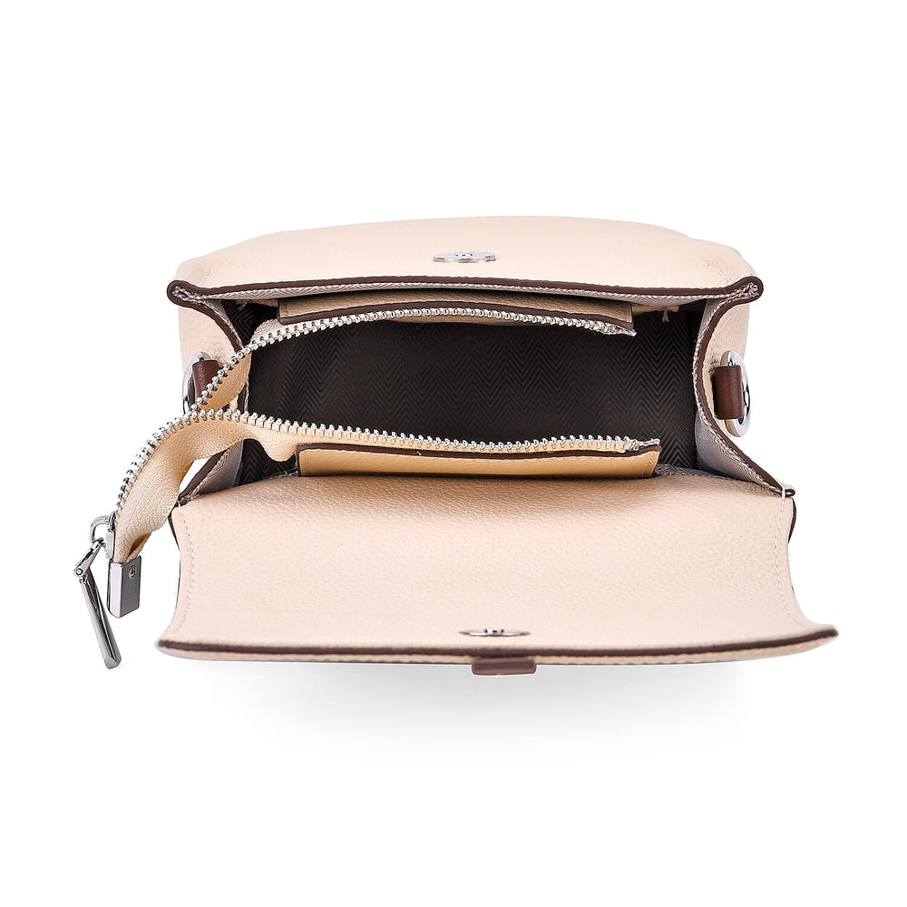 Stylish Two-Tone Genuine Leather Rectangular Flap Crossbody with Brown Adjustable Strap - Cream