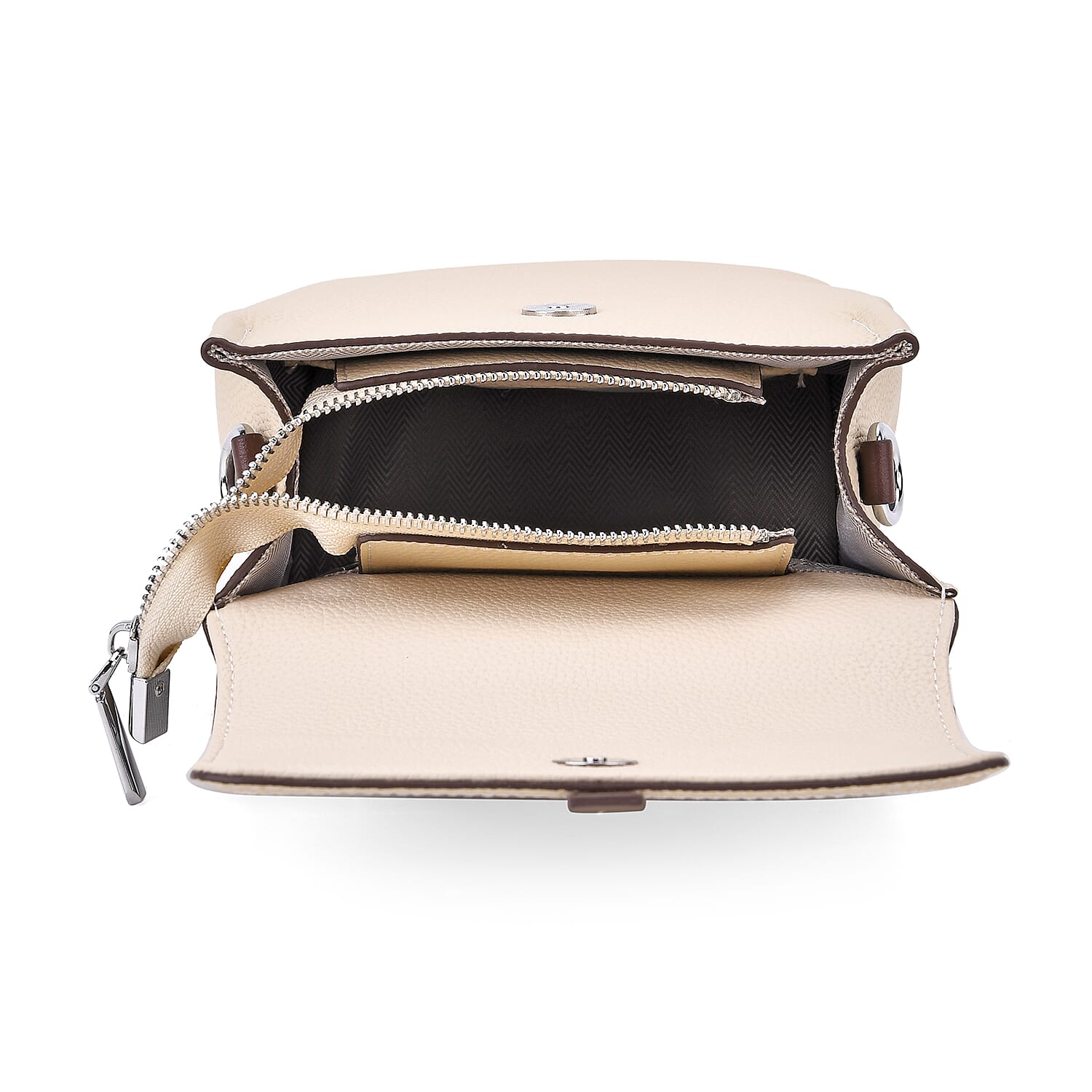 Stylish Two-Tone Genuine Leather Rectangular Flap Crossbody with Brown Adjustable Strap - Cream