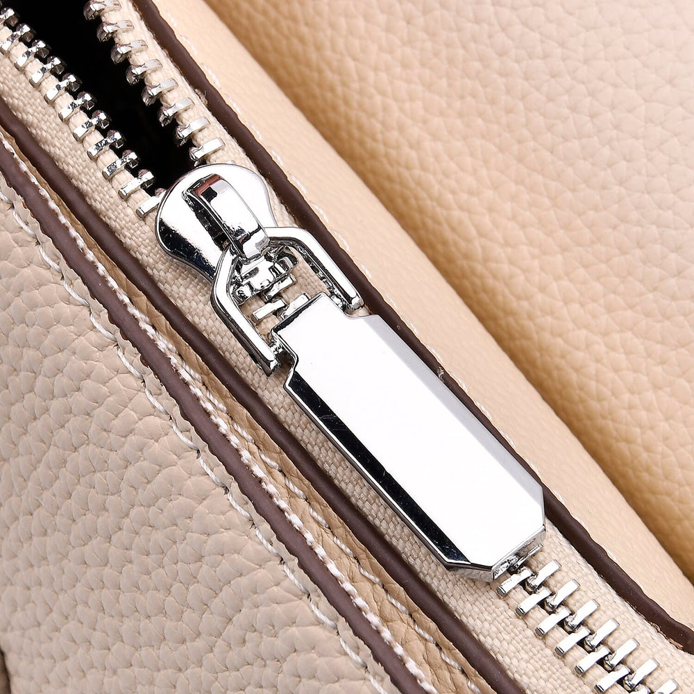 Stylish Two-Tone Genuine Leather Rectangular Flap Crossbody with Brown Adjustable Strap - Cream
