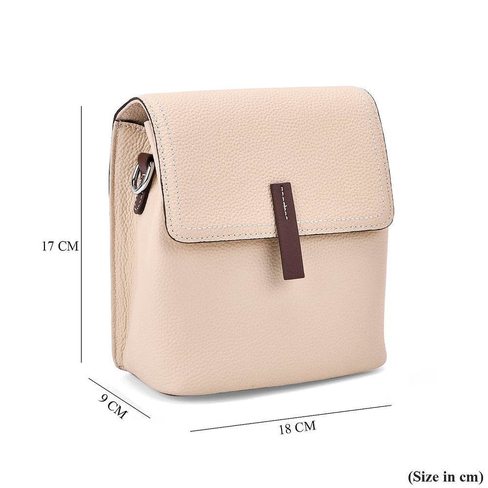 Stylish Two-Tone Genuine Leather Rectangular Flap Crossbody with Brown Adjustable Strap - Cream
