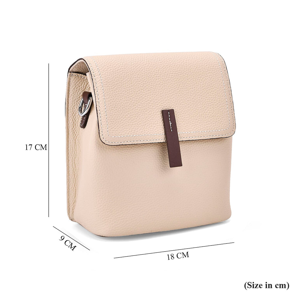 Stylish Two-Tone Genuine Leather Rectangular Flap Crossbody with Brown Adjustable Strap - Cream