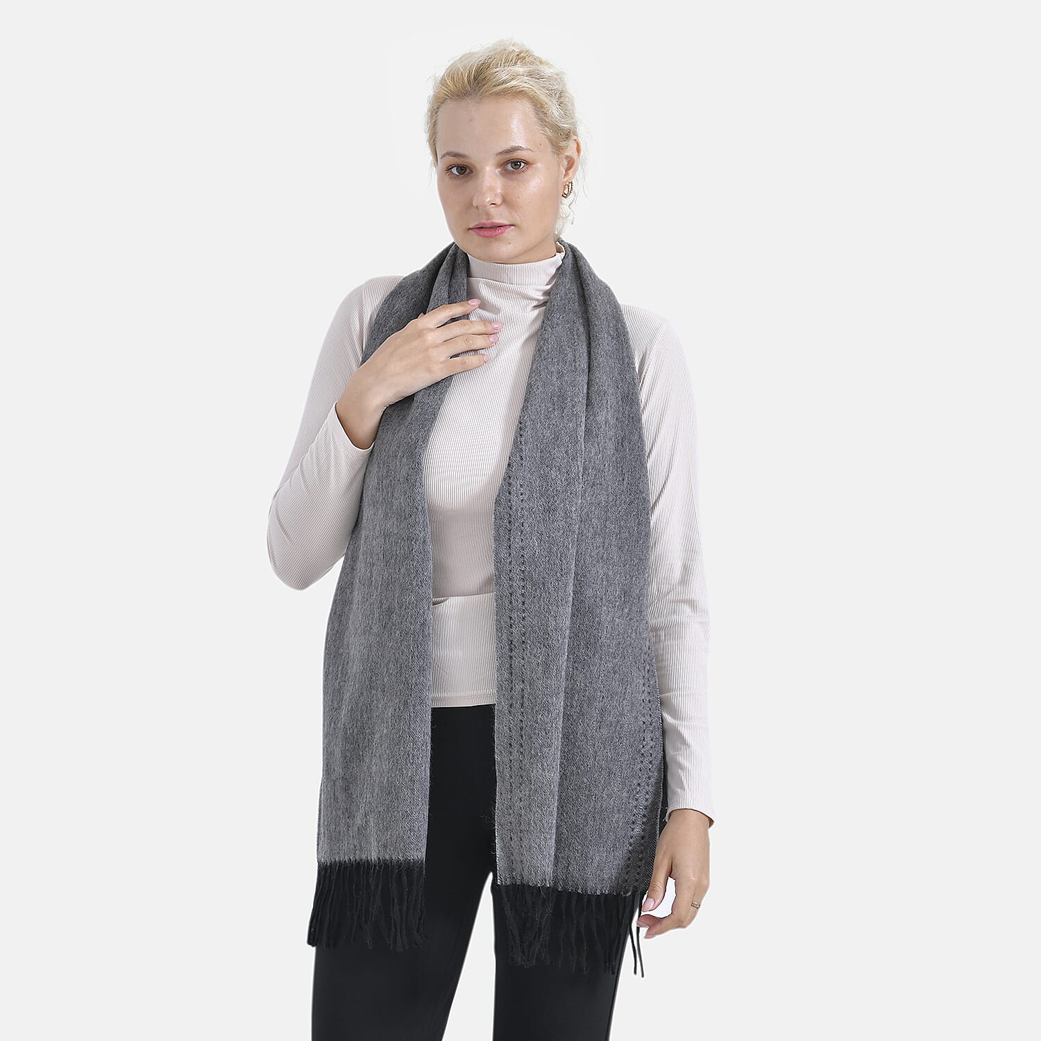 100% Wool Tassel Scarf (Size 160x30 cm) - Dark Grey