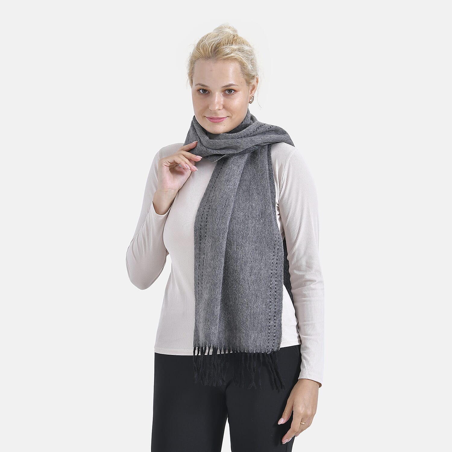 100% Wool Tassel Scarf (Size 160x30 cm) - Dark Grey