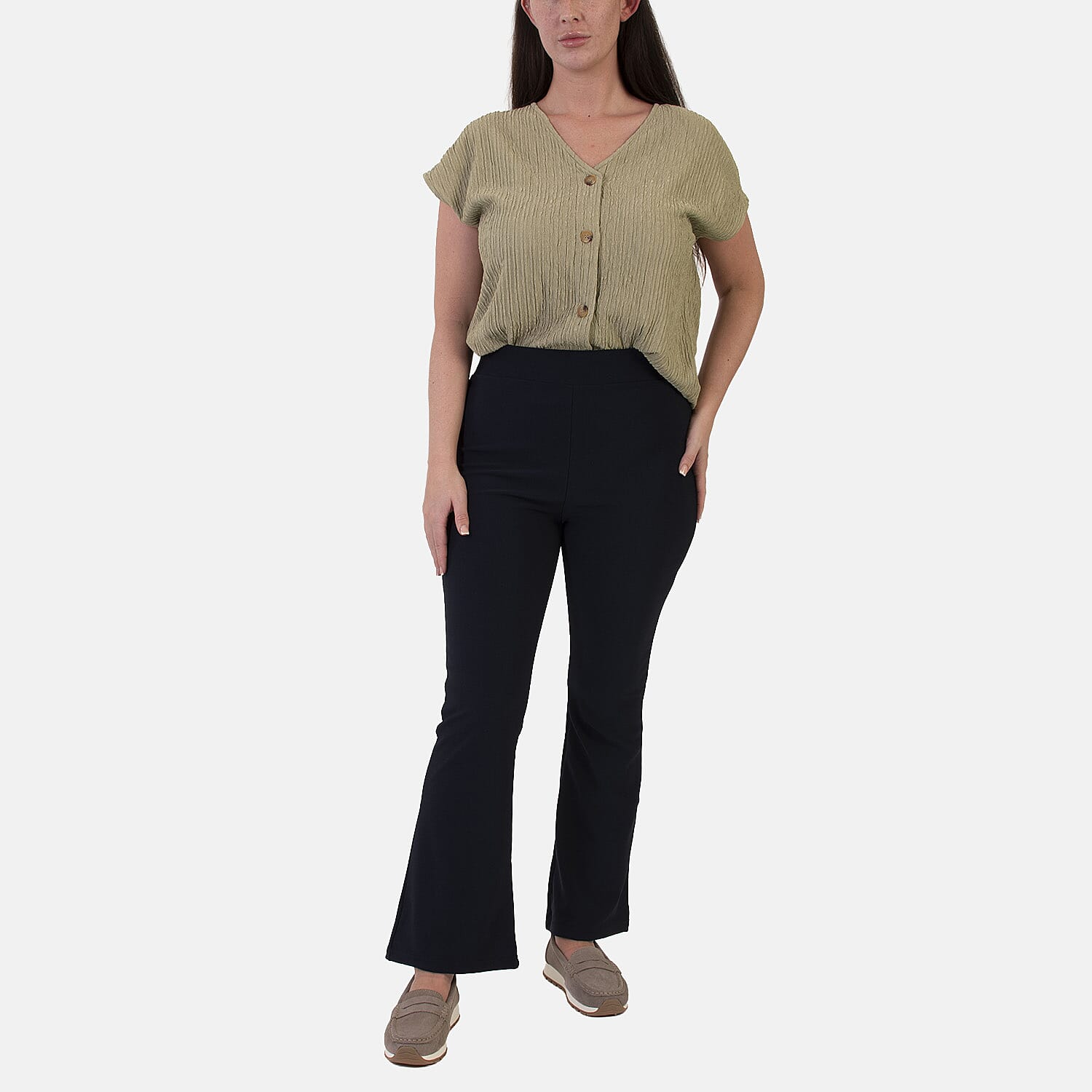 Sugar Crisp 29 Inch Bootleg Flared Pants with Elasticated Waist (Size - 22) - Navy