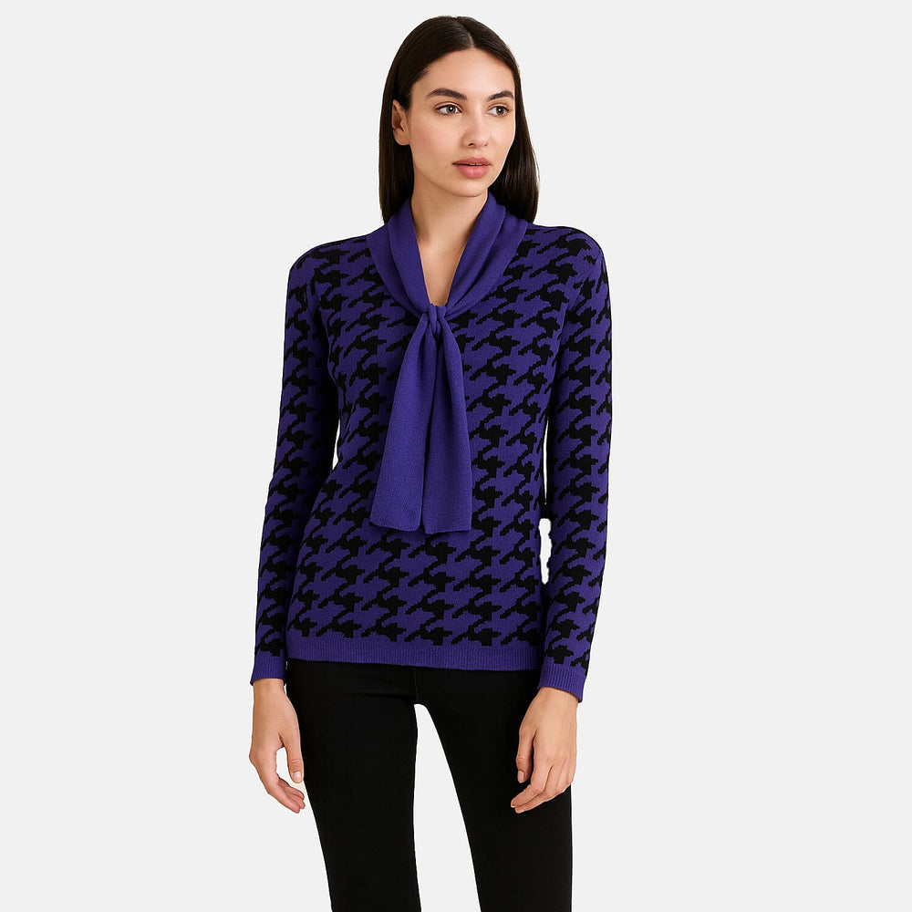 Sugar Crisp Houndstooth Knit Jumper With Neck Scarf (Size M) - Purple