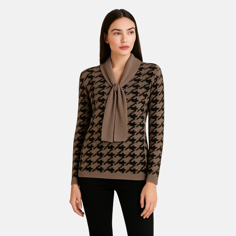 Sugar Crisp Houndstooth Knit Jumper With Neck Scarf (Size M) - Brown