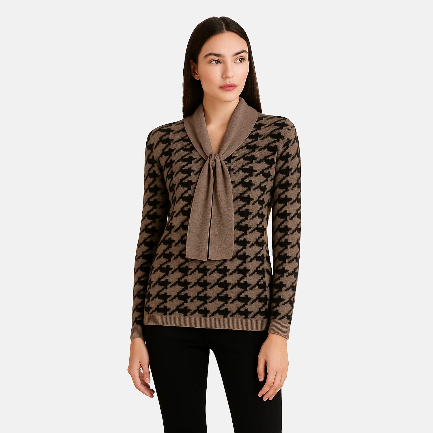 Sugar Crisp Houndstooth Knit Jumper With Neck Scarf (Size M) - Brown