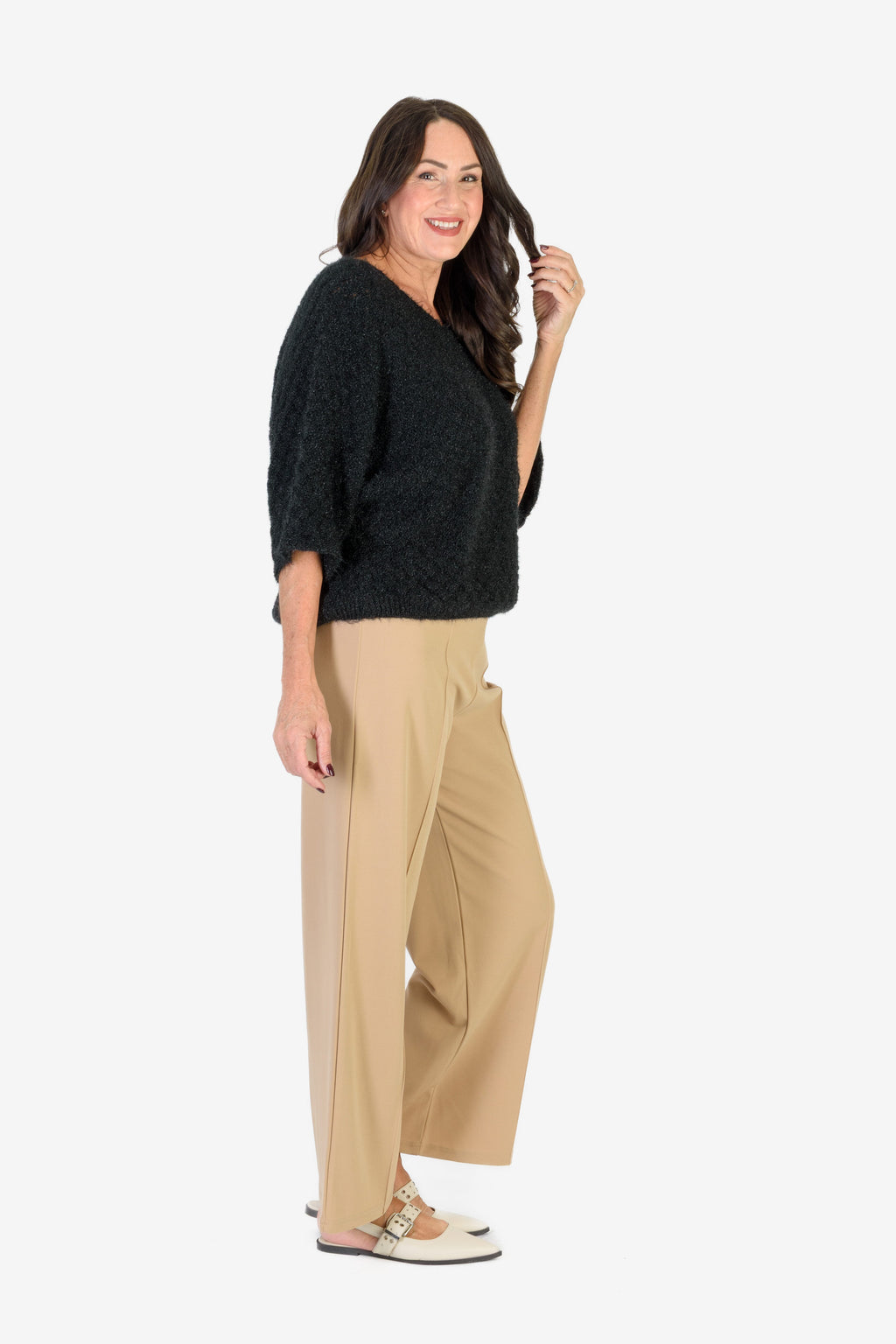 THE SHOWSTOPPER - Sugar Crisp Supersoft Crochet Knit Batwing Sleeve Jumper (One Size 8 TO 20) - Black