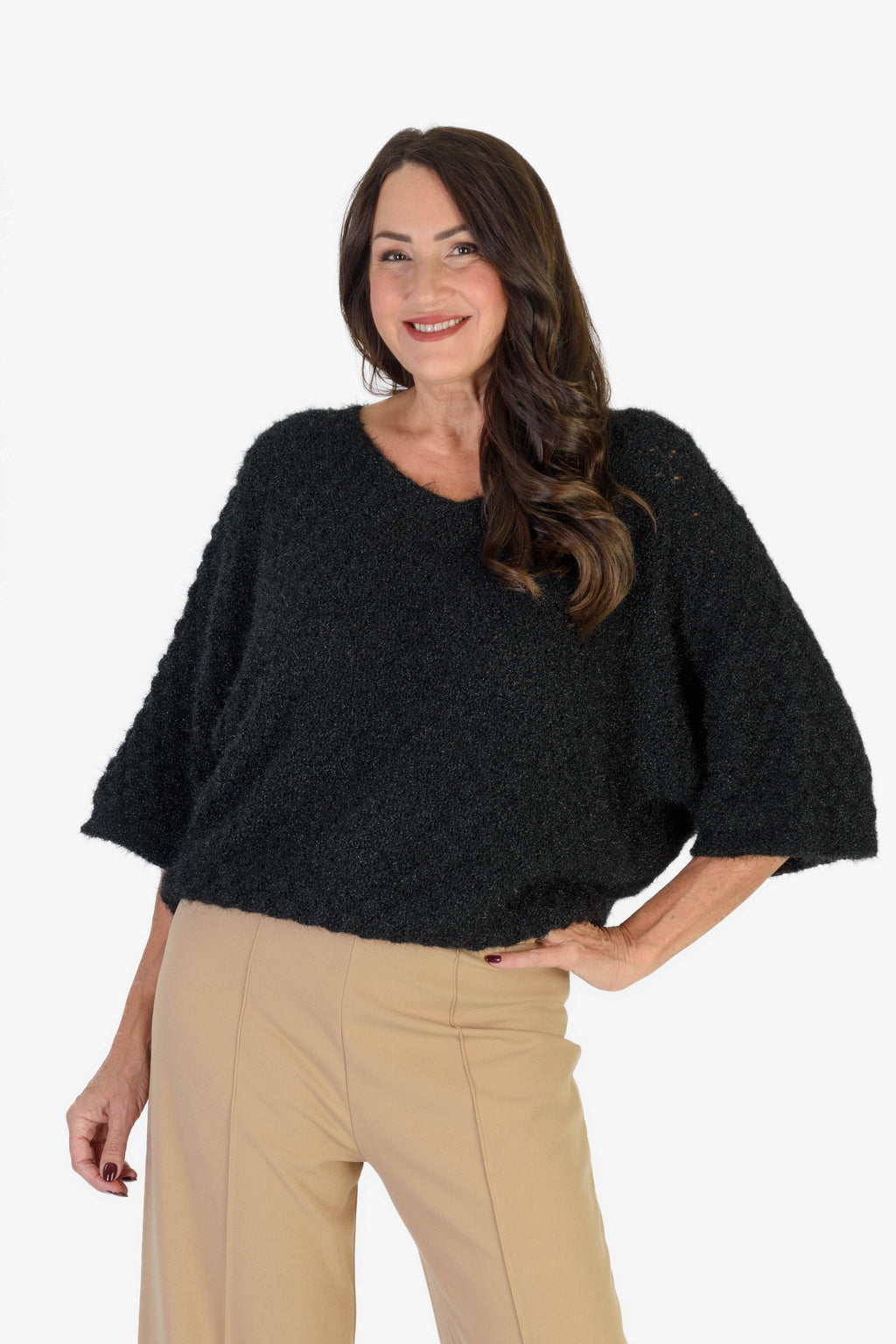THE SHOWSTOPPER - Sugar Crisp Supersoft Crochet Knit Batwing Sleeve Jumper (One Size 8 TO 20) - Black