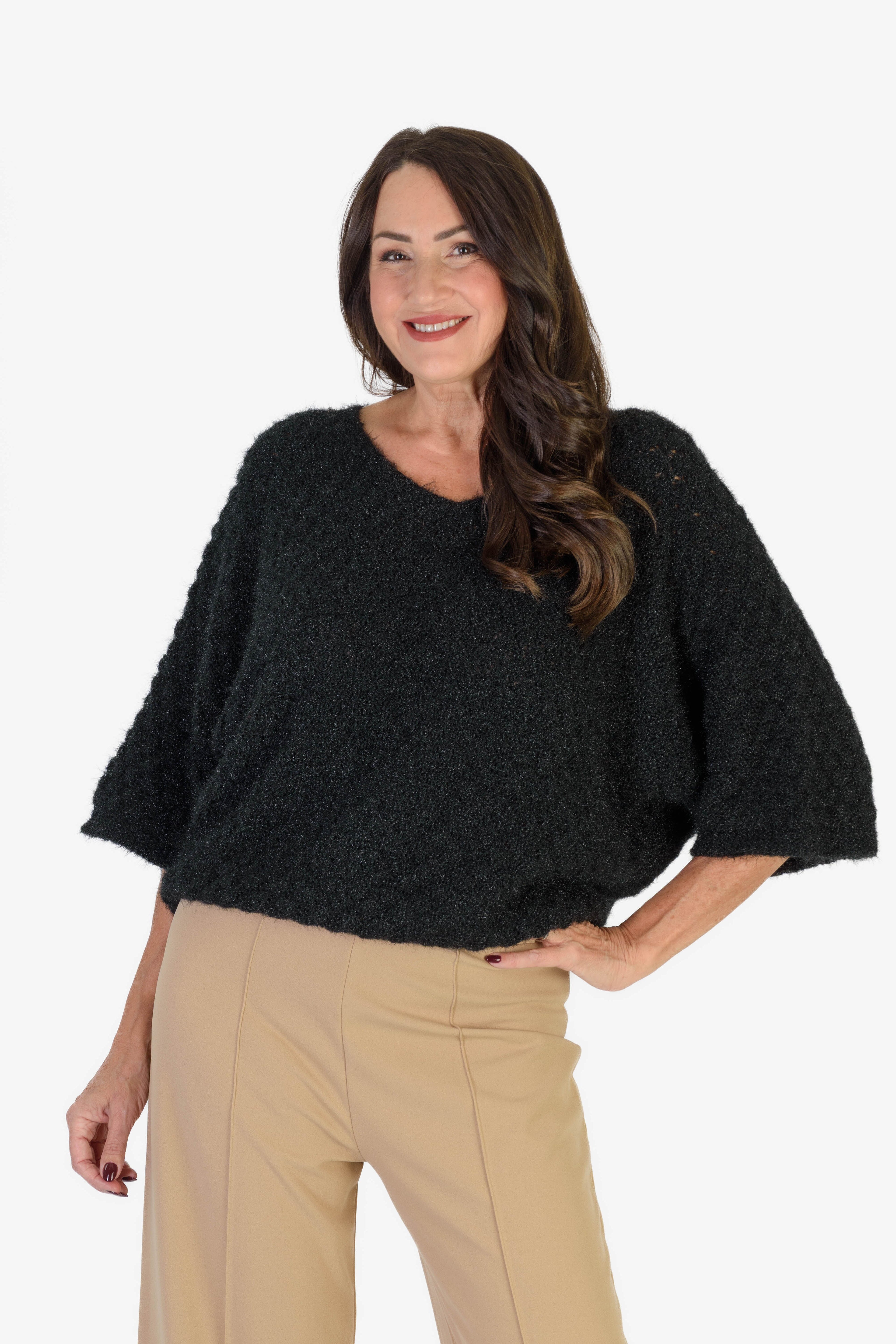 THE SHOWSTOPPER - Sugar Crisp Supersoft Crochet Knit Batwing Sleeve Jumper (One Size 8 TO 20) - Black