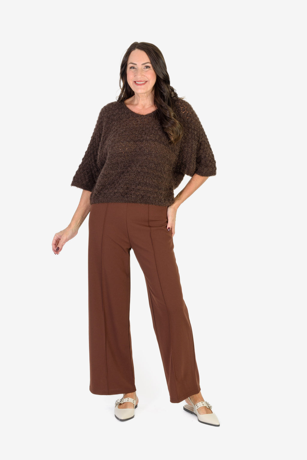 Sugar Crisp Supersoft Crochet Knit Batwing Sleeve Jumper (One Size 8 TO 20) - Chocolate Brown