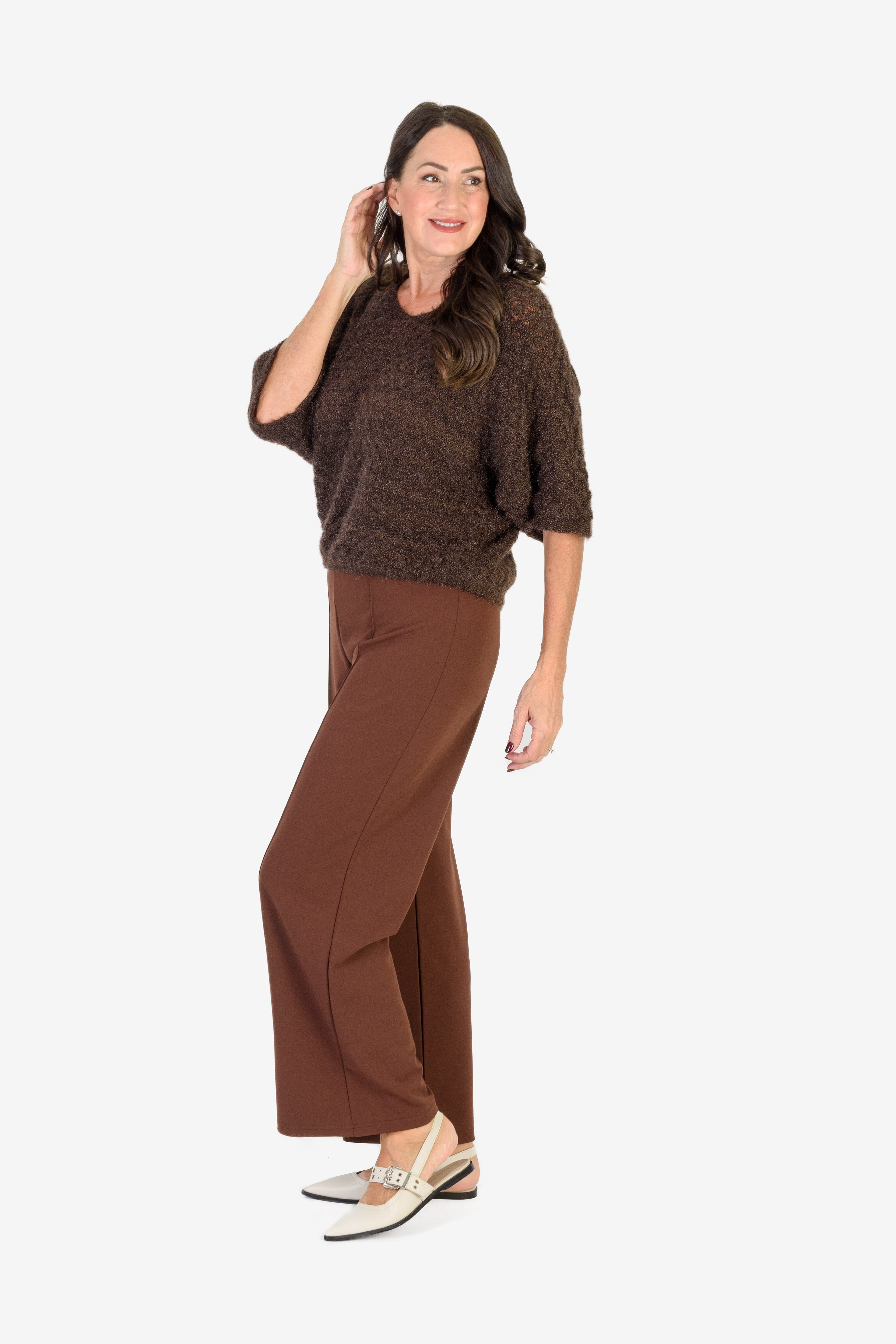 Sugar Crisp Supersoft Crochet Knit Batwing Sleeve Jumper (One Size 8 TO 20) - Chocolate Brown