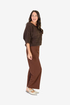 Sugar Crisp Supersoft Crochet Knit Batwing Sleeve Jumper (One Size 8 TO 20) - Chocolate Brown
