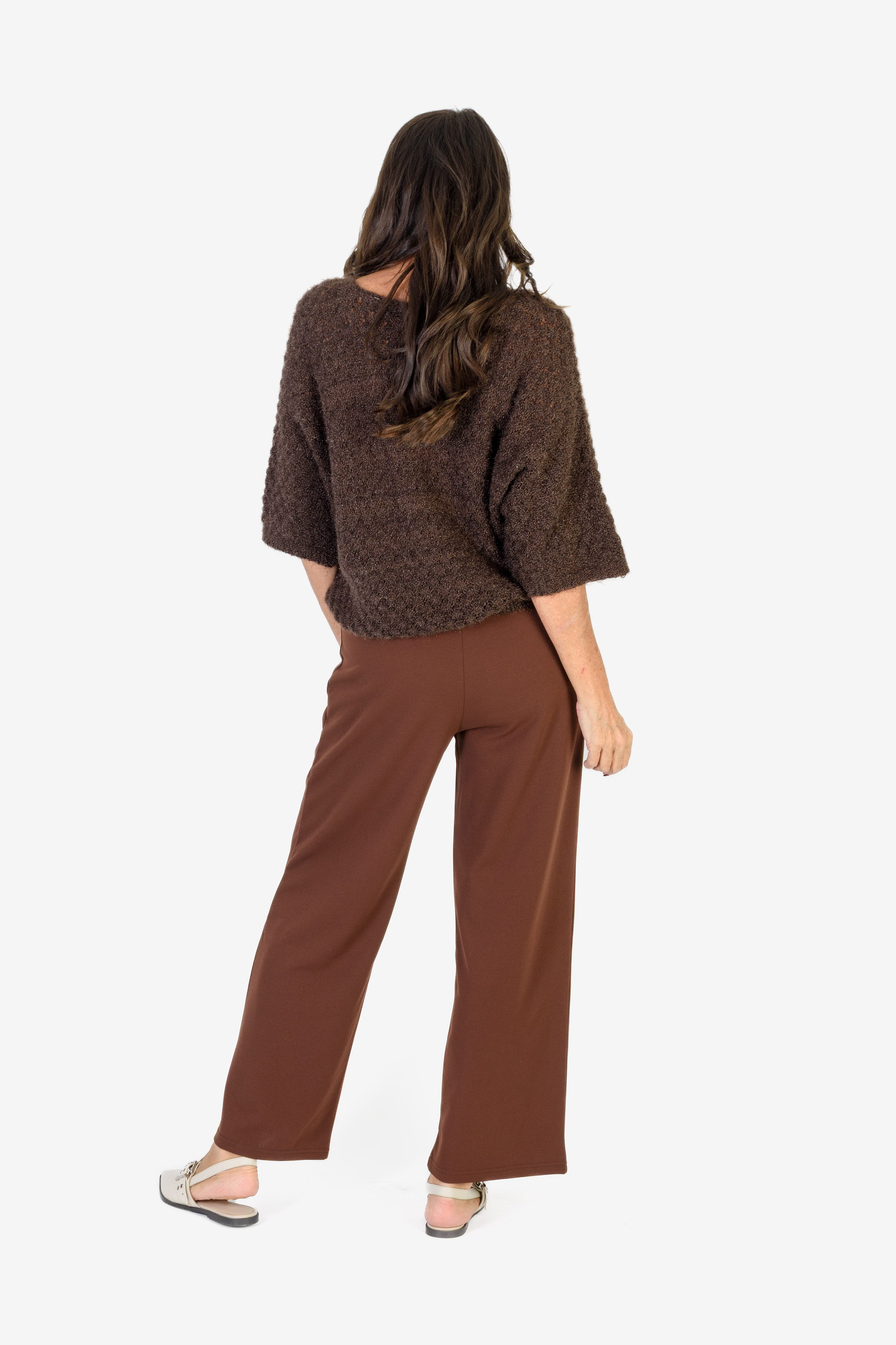 Sugar Crisp Supersoft Crochet Knit Batwing Sleeve Jumper (One Size 8 TO 20) - Chocolate Brown
