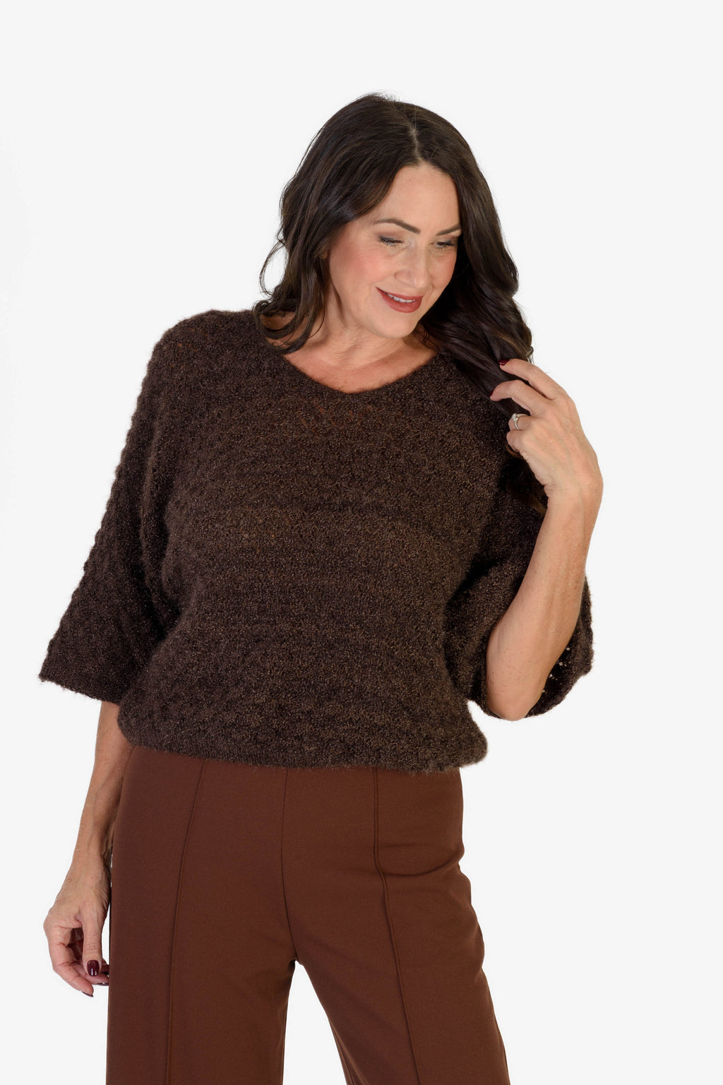 Sugar Crisp Supersoft Crochet Knit Batwing Sleeve Jumper (One Size 8 TO 20) - Chocolate Brown