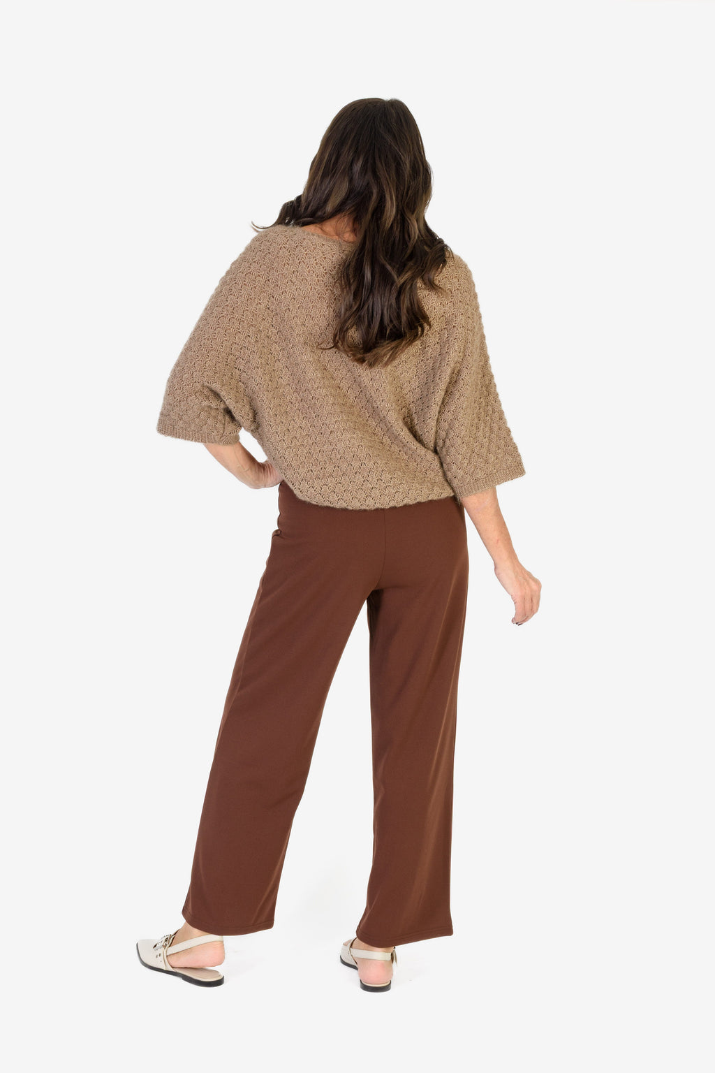 Sugar Crisp Supersoft Crochet Knit Batwing Sleeve Jumper (One Size 8 TO 20) - Mocha