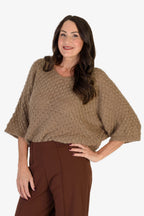 Sugar Crisp Supersoft Crochet Knit Batwing Sleeve Jumper (One Size 8 TO 20) - Mocha