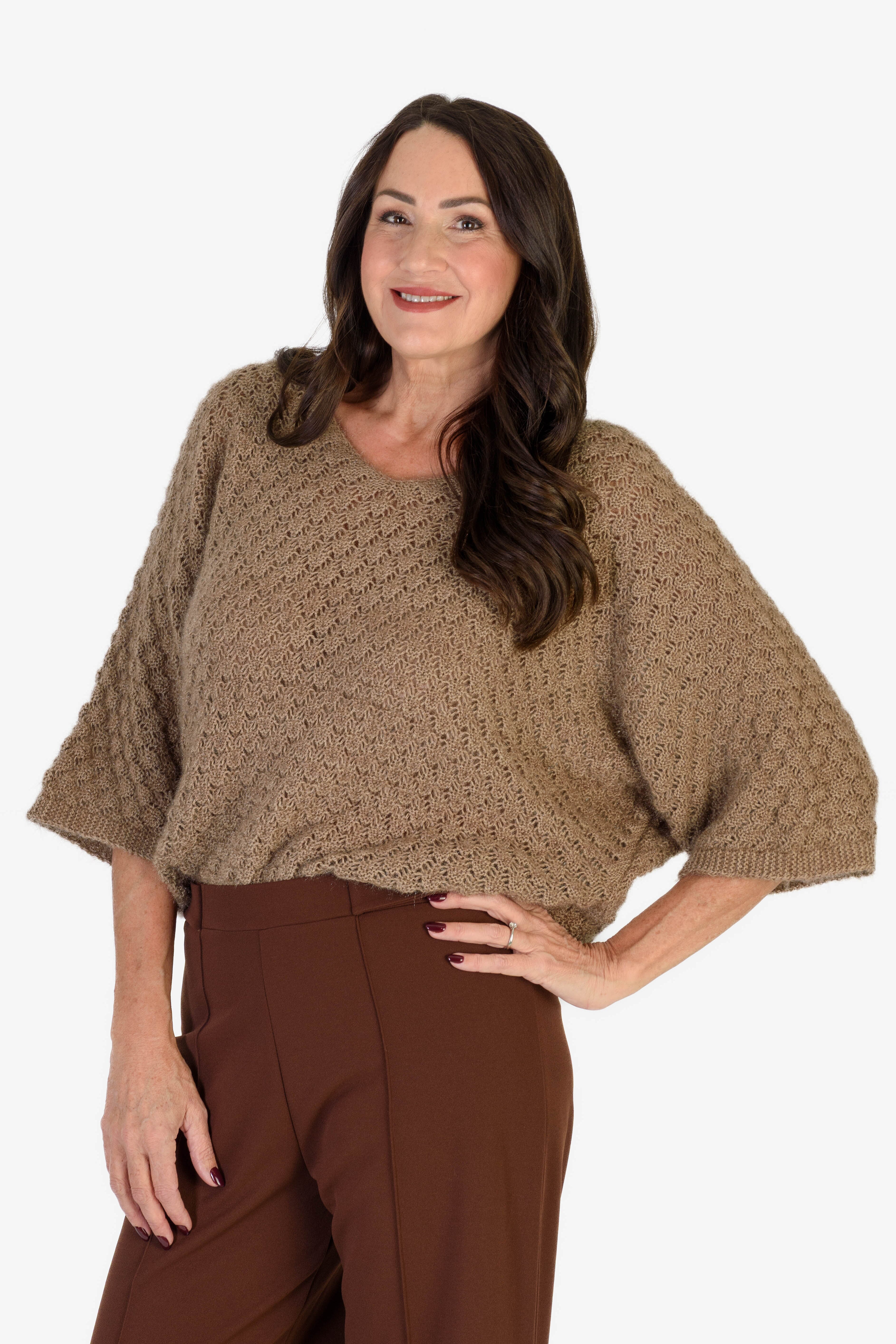 Sugar Crisp Supersoft Crochet Knit Batwing Sleeve Jumper (One Size 8 TO 20) - Mocha